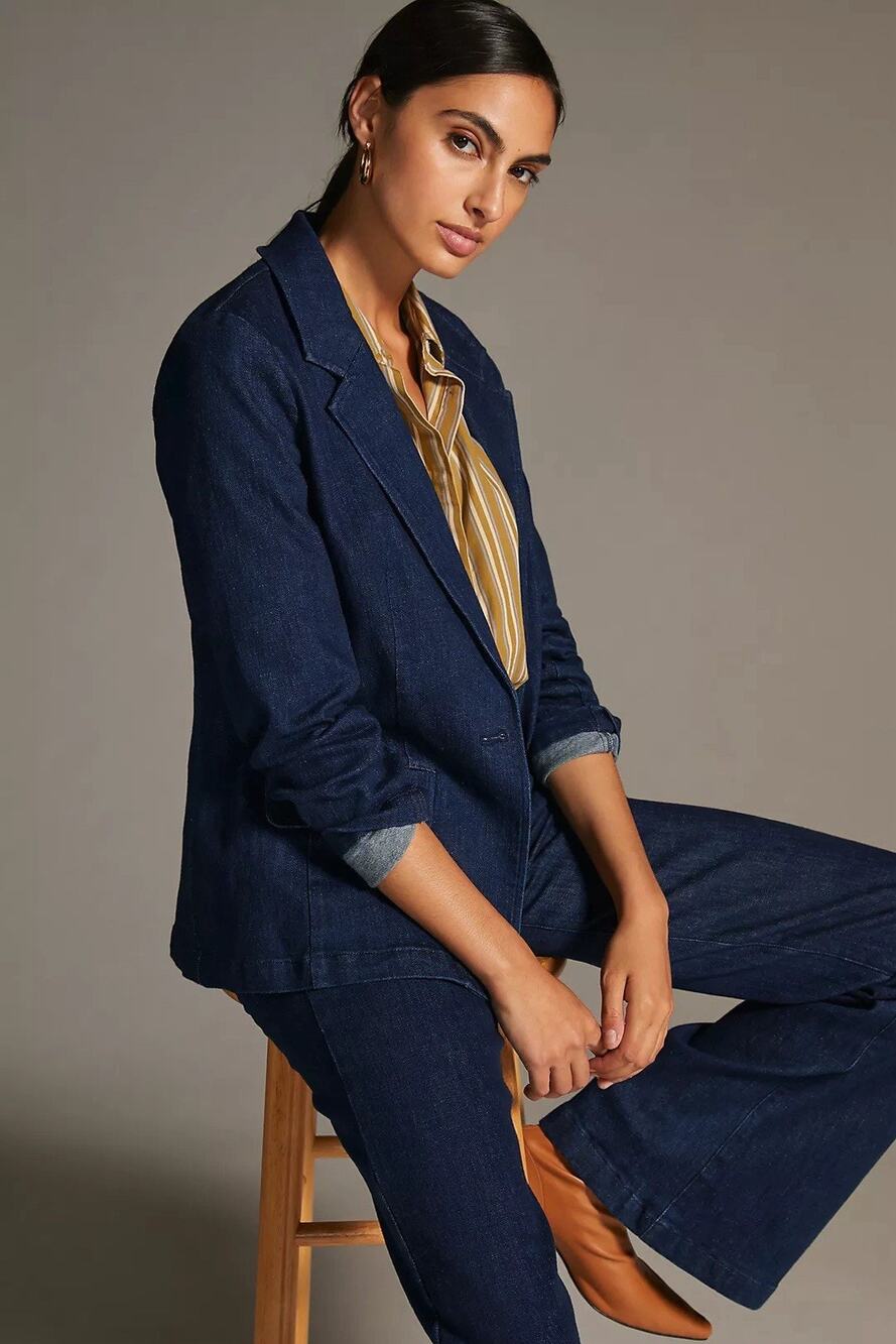Maeve Anthropologie Tailored Denim Blazer Women's Size XS Blue One Button Jacket